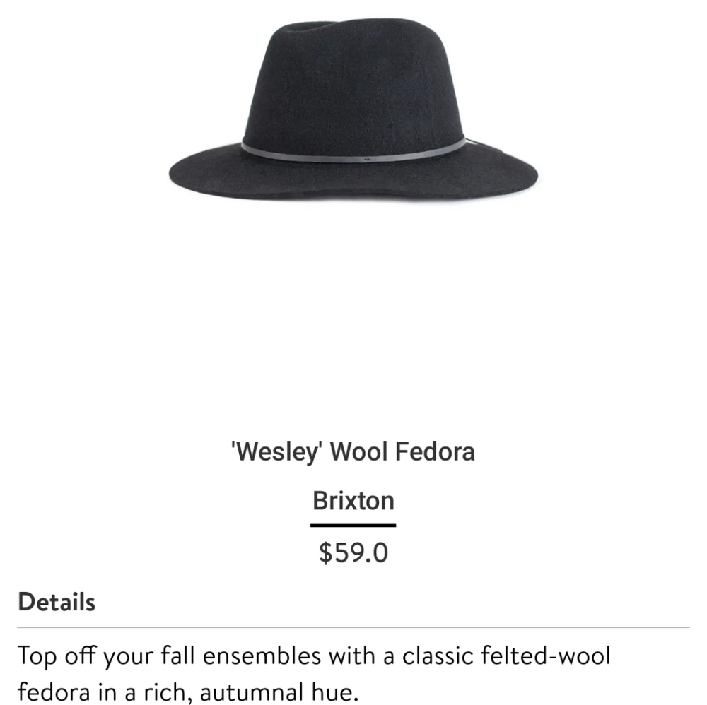 NWOT Brixton Mfg Co Black Wool Fedora Hat - M